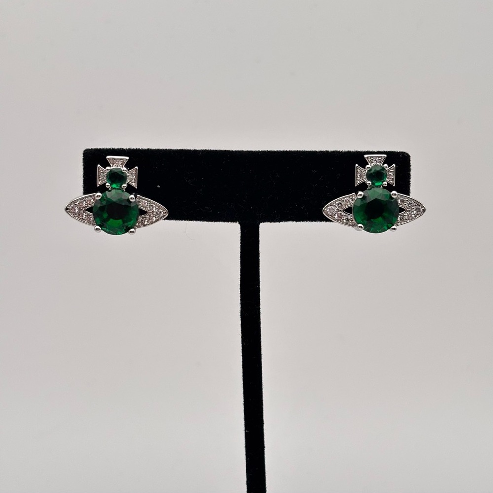 Vivienne Westwood Ismere Emerald Orb Crystal Stud Earrings Silver Tone - Picture 2 of 4